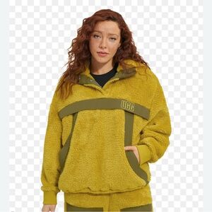 UGG Gayel Sherpa Half Snap Pullover Mustard Yellow Olive Green Size S Cozy